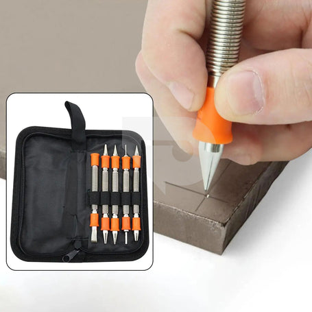 Hand holding a precision tool with an inset showing a set of similar tools in a case.
