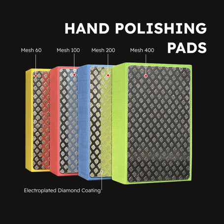 Hand polishing pads with different mesh sizes on a black background