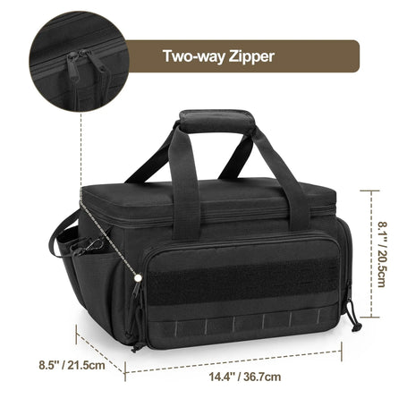 Black tactical bag with two-way zipper and measurements on a white background