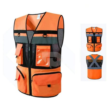 High visibility orange safety vest with multiple pockets and reflective stripes on a white background.