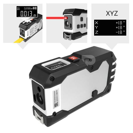 Digital tape with display and laser beam on a white background.