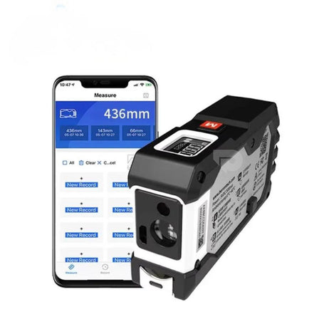 Laser measuring device with smartphone app displaying measurement results on a white background.