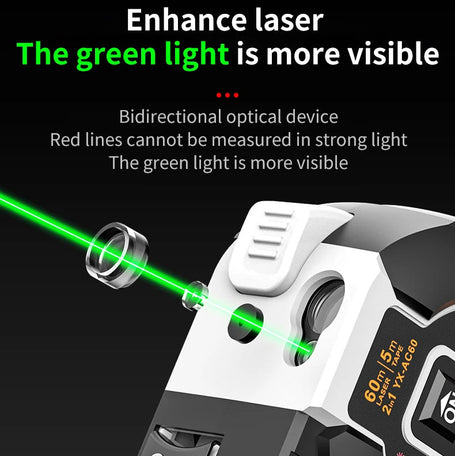 Laser tape meause with a green laser beam on a black background