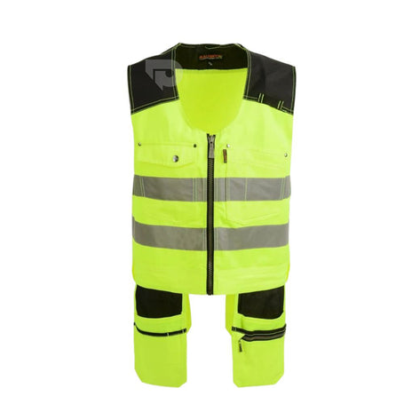 Men’s outdoor work vest in yellow and black color with multiple tool pockets for construction and DIY work on a white background
