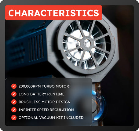 Product with turbo motor design and feature list on a dark background