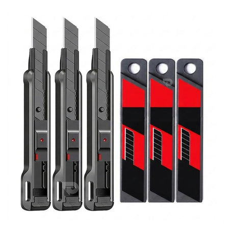 Set of utility knives with red and black design on a white background.

