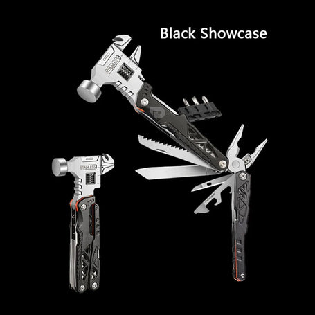 Multi-tool with hammer head on a black background