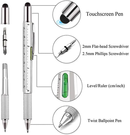 Multifunctional pen with additional tools and features illustrated
