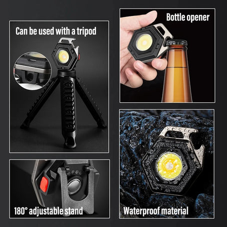 Multifunctional tool with tripod, bottle opener, and adjustable stand features on a dark background.