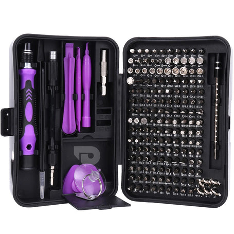 Open tool kit with purple screwdrivers and black components on a white background.