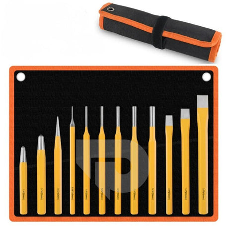 12-piece chisel and punch set with a black and orange carrying case on a white background