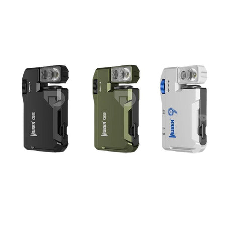 Three USB rechargeable flashlights in black, green, and white on a white background.