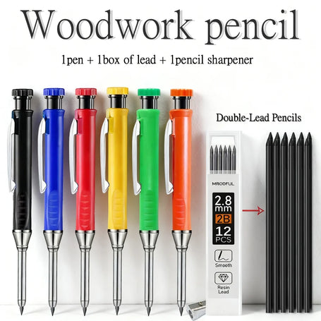 Set of colored pencils with a pencil sharpener and lead pack on a white background