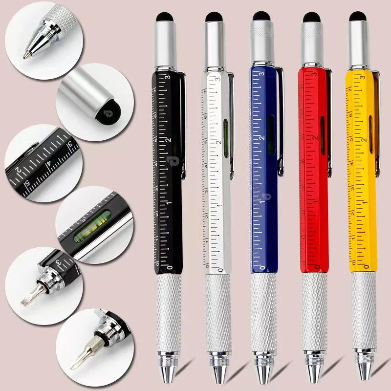 Set of multicolored pens with ruler and level functions on a pink background