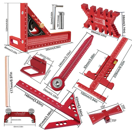 Set of red measuring tools with dimensions on a white background