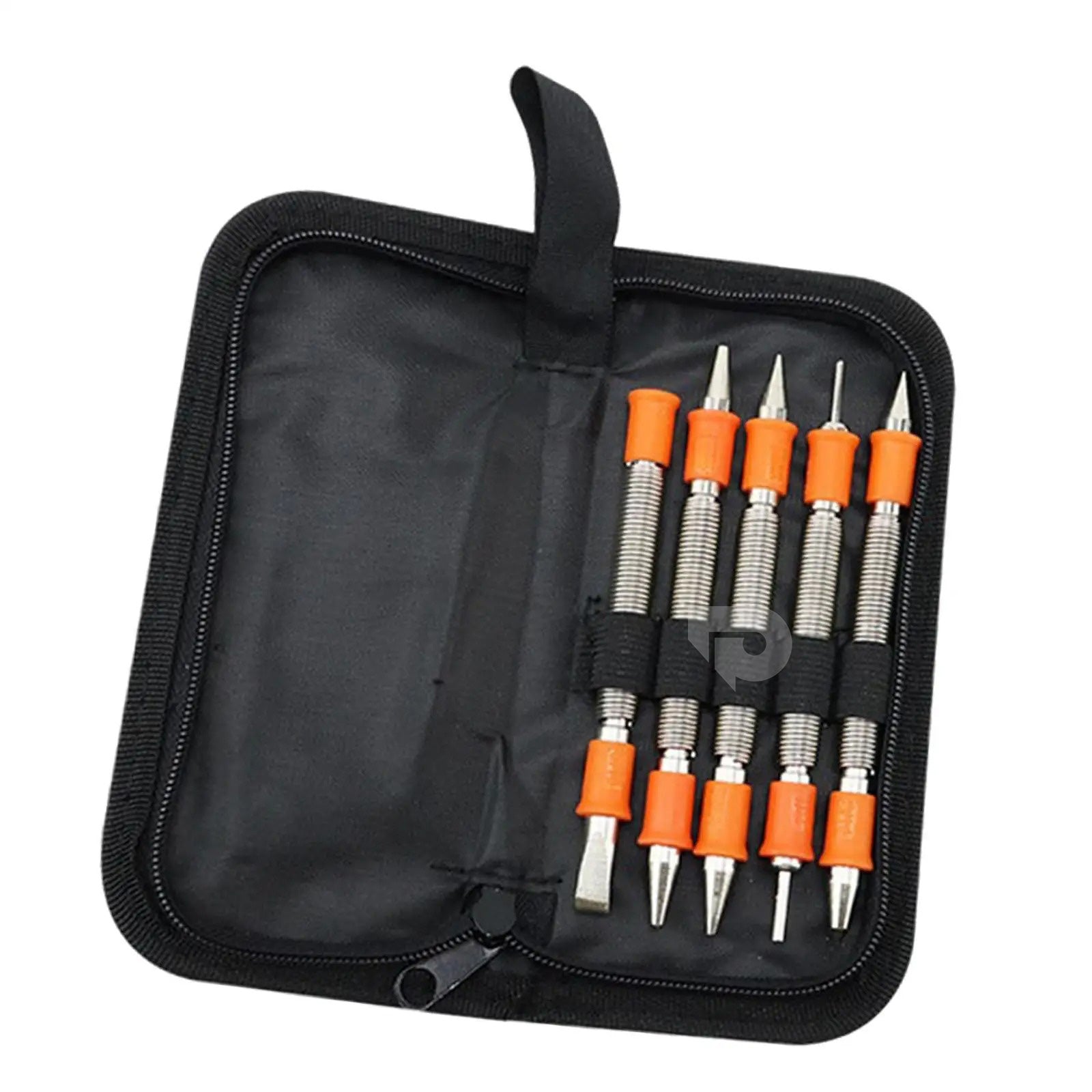 Set of screwdrivers with orange handles in a black case on a white background