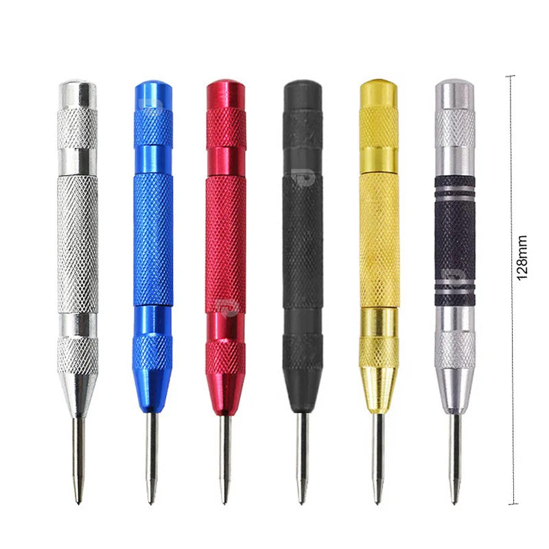 Set of six colored tools with metallic tips on a white background