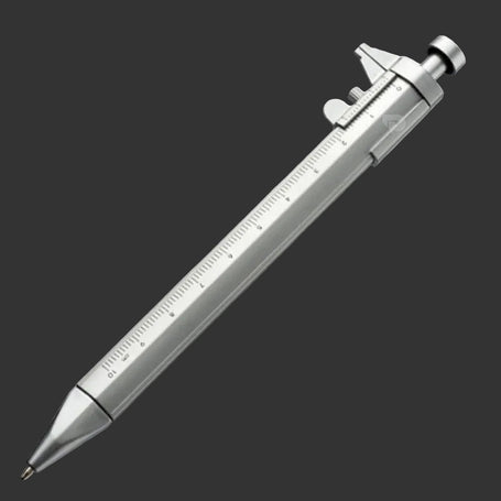 Silver pen with ruler design on a grey background