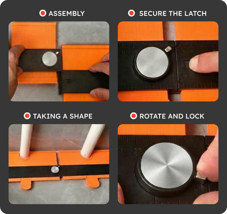 Step-by-step assembly process of a latch mechanism of Modular Contour Gauge with labeled steps