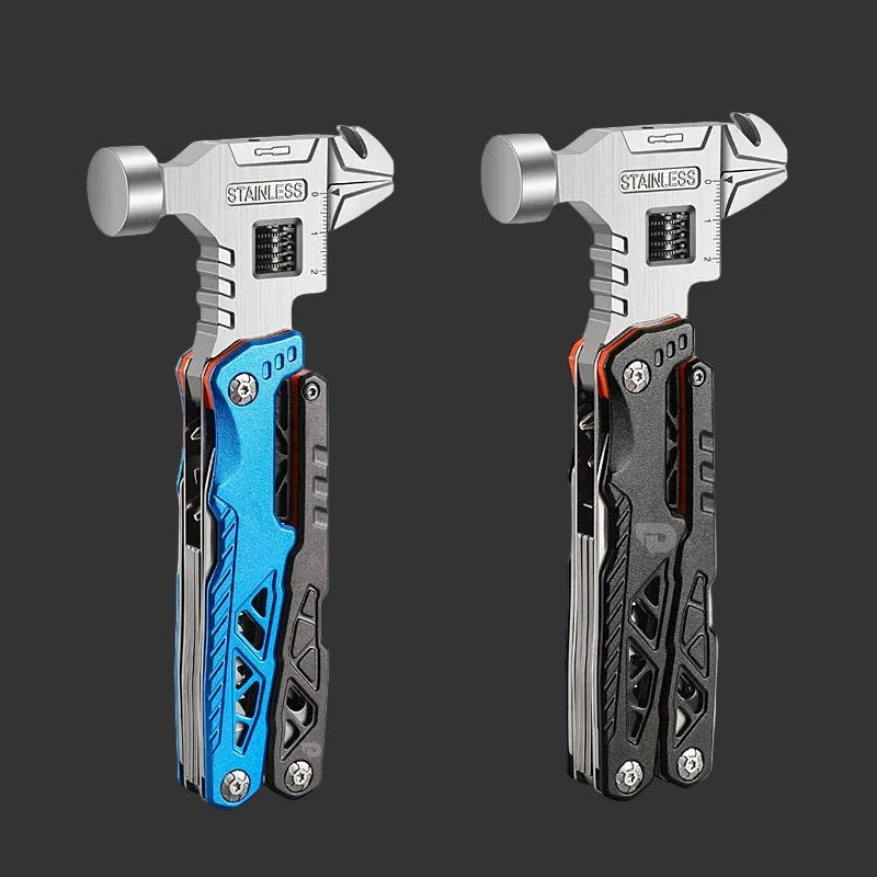 Two multi-tool hammers with different color handles on a white background.