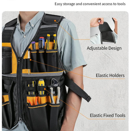 Work tool vest with adjustable design and elastic holders.