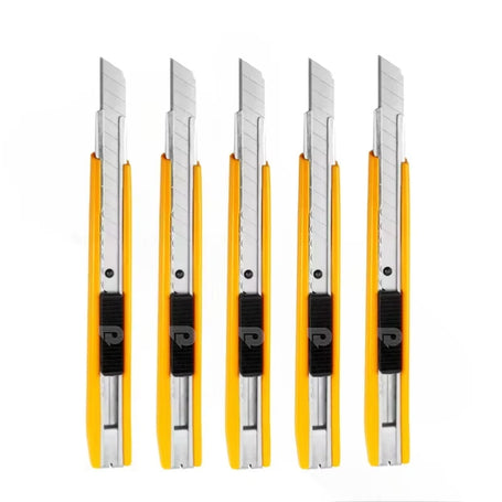 Set of six yellow and black utility knives with blades on a white background