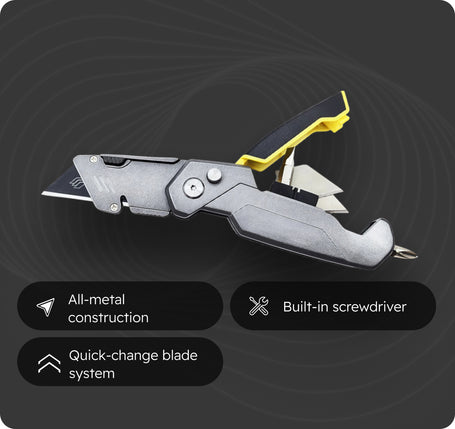 Multitool with knife blade, screwdriver, and pliers on a dark background