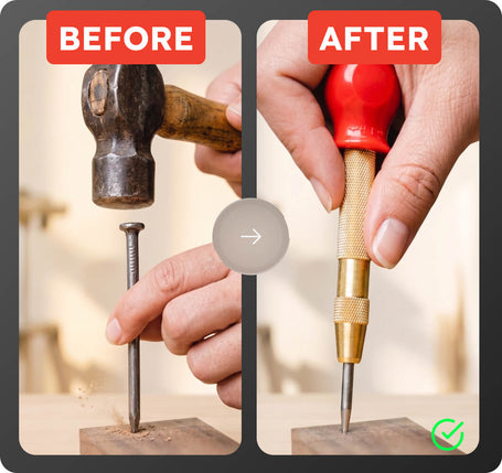 Before and after comparison of a hammer and chisel being used on a metal rod.
