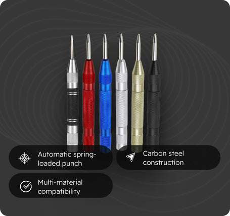 Set of six precision tools with different colored handles on a dark background