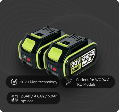 Two 20V Cross Pack 60Ah lithium-ion cordless battery packs with black and lime green accents, shown on a dark gray background with feature callouts.