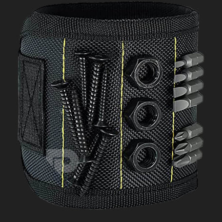 Black magnetic tool wristband with attached screws, nuts, and bits. Perfect for convenient storage of metal parts while working. ProfilaTools logo in the bottom right corner.

