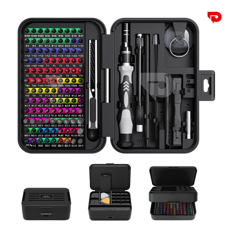 Screwdriver set with various bits in a black case on a white background