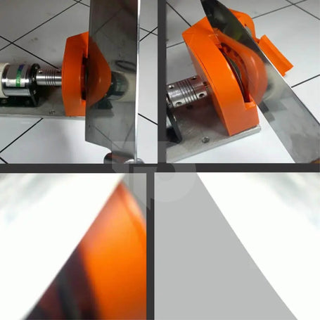 Close-up of a blade sharpening tool featuring a rotating grinding wheel and an orange protective housing. Designed for precise edge sharpening on knives, chisels, and cutting tools