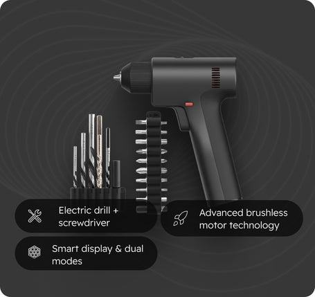 Black cordless electric drill with multiple drill bits and screwdriver bits shown beside it on a dark gray background, with feature callouts reading 'Electric drill + screwdriver,' 'Advanced brushless motor technology,' and 'Smart display & dual modes.'.