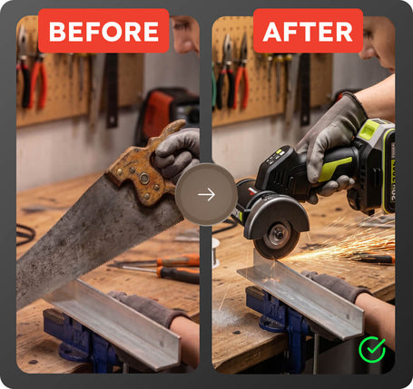 Before-and-after comparison showing a handsaw being replaced by a cordless angle grinder in a workshop setting. The left panel labeled 'BEFORE' shows a person using a large saw on a metal bar, while the right panel labeled 'AFTER' shows the person using a black and green cordless angle grinder that creates sparks.