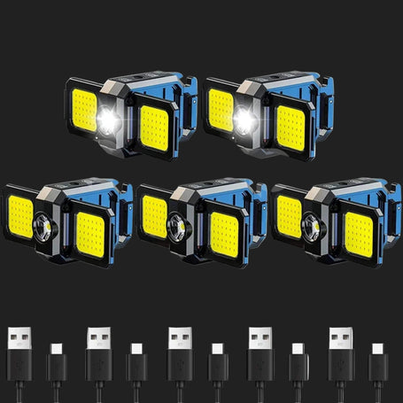 Set of five ultra-bright keychain flashlights with dual LED panels and front spotlight. Comes with five USB charging cables for easy recharging.