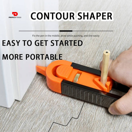 Contour scribing ruler in use on a wooden floor, showing precision tracing and complex shape replication for seamless material cutting.