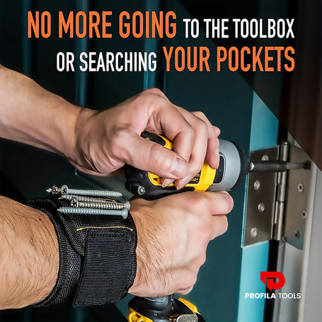 A man using the ProfilaTools magnetic wristband while working with a power drill, holding screws and other metal parts on his wrist. Text reads: 'No more going to the toolbox or searching your pockets'.