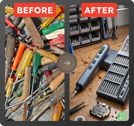 A before-and-after comparison graphic showing a cluttered pile of assorted screwdrivers labeled 'BEFORE' on the left, and a clean workbench with a handheld screwdriver charger and organized parts trays labeled 'AFTER' on the right.