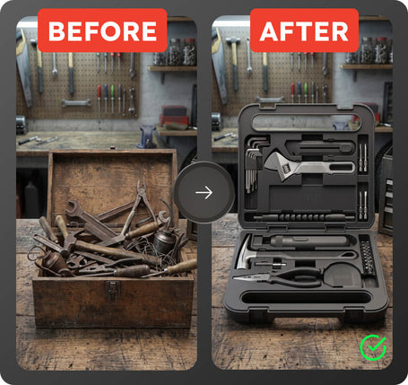 A side-by-side before and after comparison showing a set of hand tools. On the left, an open wooden box contains a messy assortment of loose tools.