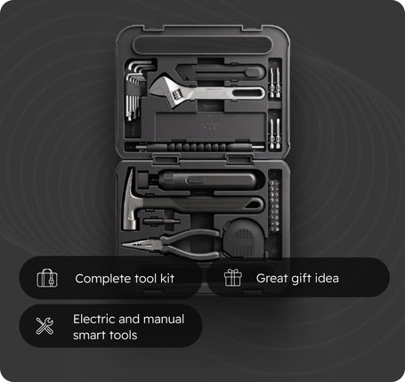 An open black plastic tool case displaying a comprehensive set of manual and electric smart tools, including pliers, a wrench, screwdrivers, and a hammer, set against a dark gray background with promotional text overlays.