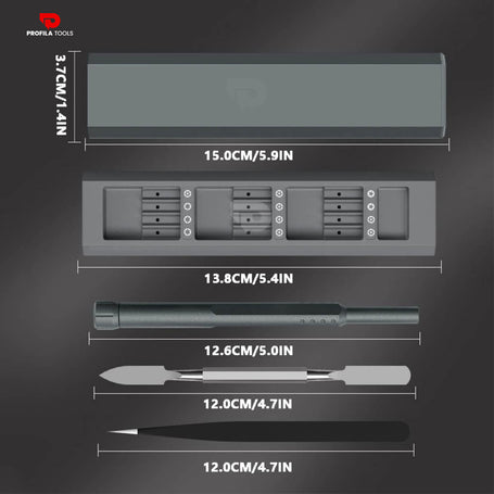 Gray screwdriver set with a compact aluminum case, featuring detailed measurements of the handle, pry tools, and storage compartments.