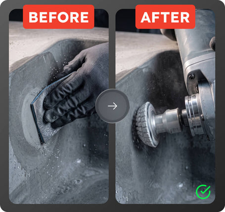 A side-by-side before and after comparison showing a hand using a sanding block on a gray concrete surface versus a drill attachment working on the same surface. The left panel has a red 'BEFORE' label and shows a gloved hand with a sanding block.