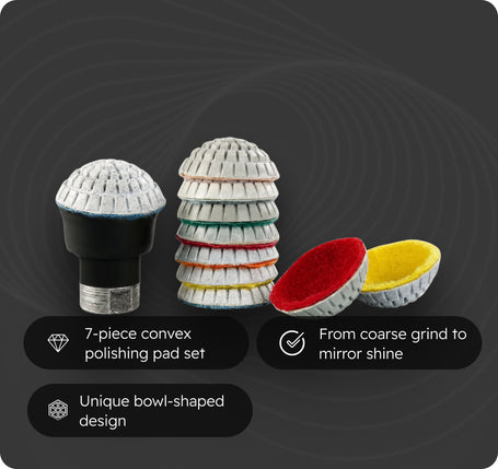 A 7-piece convex polishing pad set displayed on a dark gray background with feature callouts. The set includes a black and silver pad, a stack of white pads with colored edges, and two open pads showing red and yellow abrasive pads inside.