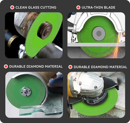 A 2x2 promotional collage showing a green diamond cutting disc attached to a circular saw in use. Text callouts read 'CLEAN GLASS CUTTING,' 'ULTRA-ThIN BLADE,' and 'DURABLE DIAMOND MATERIAL.