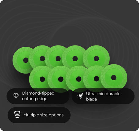A set of bright green circular grinding wheels arranged in two rows on a dark gray background, with three black feature callout banners at the bottom highlighting diamond-tipped cutting edge, ultra-thin durable blade, and multiple size options.