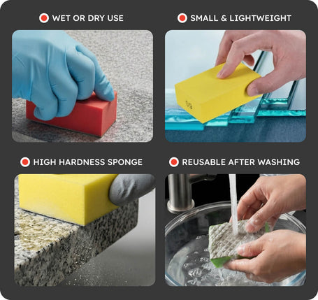 Product features of a sponge including wet or dry use, small & lightweight, high hardness, and reusable after washing.