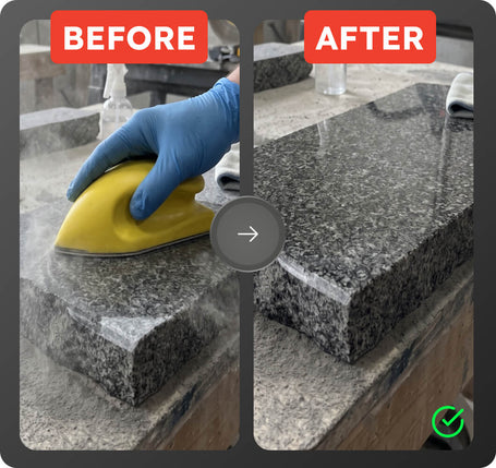Before-and-after comparison of a granite countertop cleaning or sealing process. The left panel, labeled 'BEFORE' with a blue gloved hand using a yellow iron-like device over steam, shows a dull, cloudy surface.