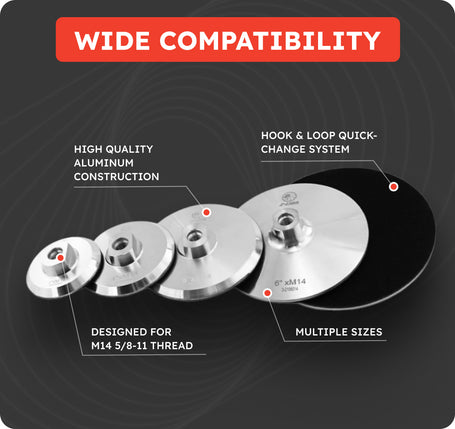 A promotional graphic for a set of aluminum disc brake rotors on a dark gray background with a red header reading 'WIDE COMPATIBILITY.' White callout lines and text highlight features such as high-quality aluminum construction, hook and loop quick-change system, multiple sizes, and compatibility with M14 5/8-11 thread.