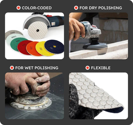 Polishing tools with color-coded pads and different polishing methods on a dark background.